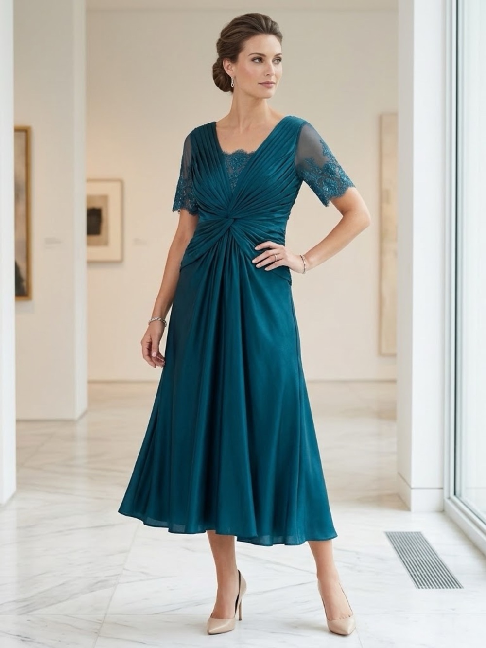 Adrianna Papell Teal Chiffon Lace Sleeve Midi Dress Bridesmaid Women’s US 10